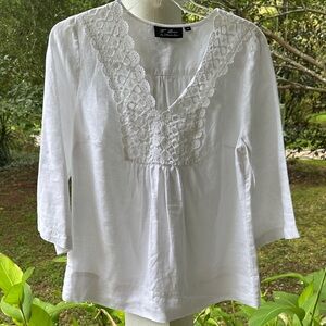 White Lace V-Neck Linen Blouse